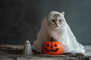 Cute fluffy cat hiding under blanket next to carved Halloween pumpkin, cozy fall scene featuring a playful kitten in a Halloween setting with seasonal decorations indoors