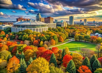 Obraz premium Vibrant autumn landscape with iconic Ohio State University stadium in the distance, surrounded by lush green trees and