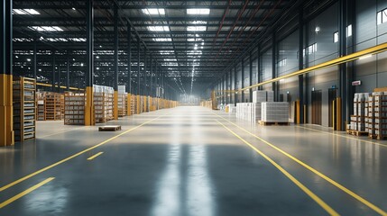 Obraz premium Warehouse or storehouse with shelves and boxes. Logistics and wholesale business concept.