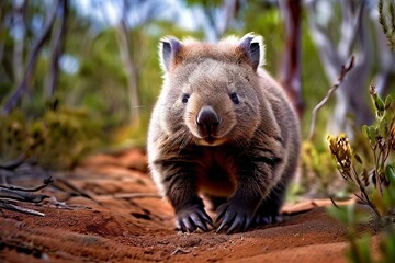 Obraz premium wombat waddling through australian bush low angle shot