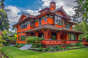 Elegant Craftsman home painted in bright orange, with detailed woodwork and a manicured lawn.