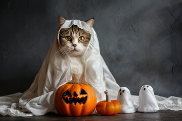 Cute fluffy cat hiding under blanket next to carved Halloween pumpkin, cozy fall scene featuring a playful kitten in a Halloween setting with seasonal decorations indoors