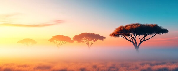 Drifting fog over golden savannah, acacia trees silhouetted against the sky, 3D illustration