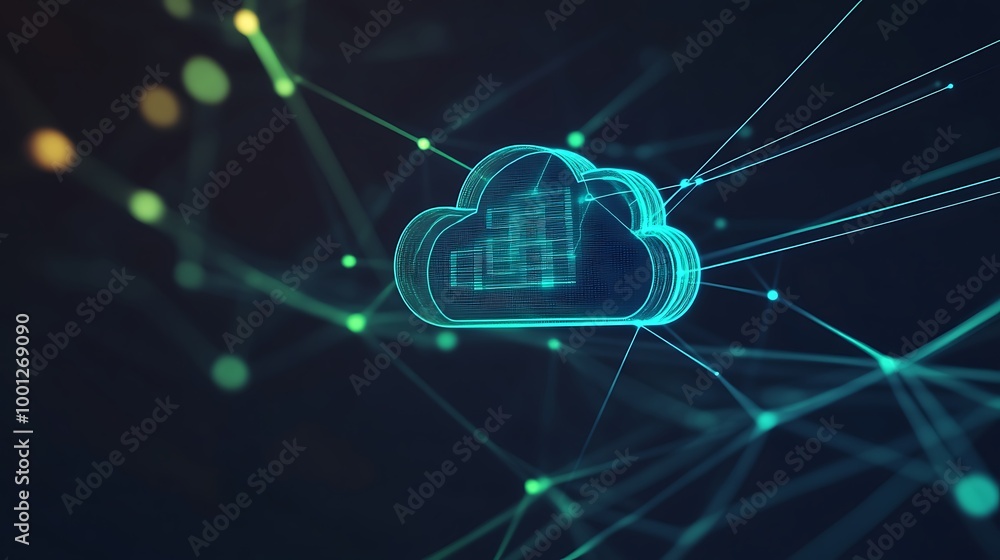 Poster 3D cloud computing symbol with lines and nodes in blue green colors on dark background.