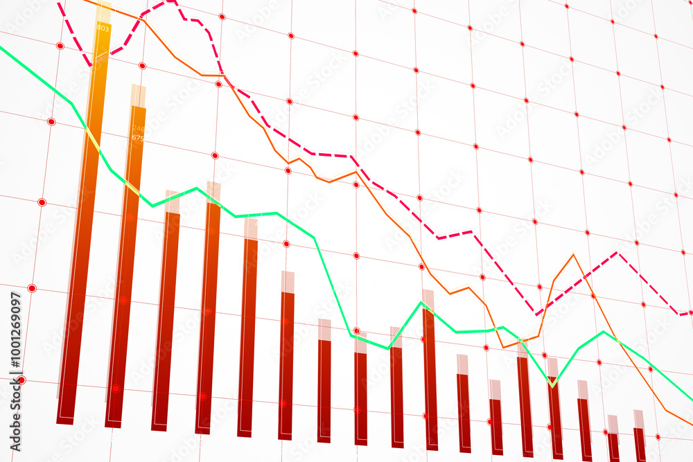 Poster Declining Bar and Line Graphs on Grid Background. 3D Rendering