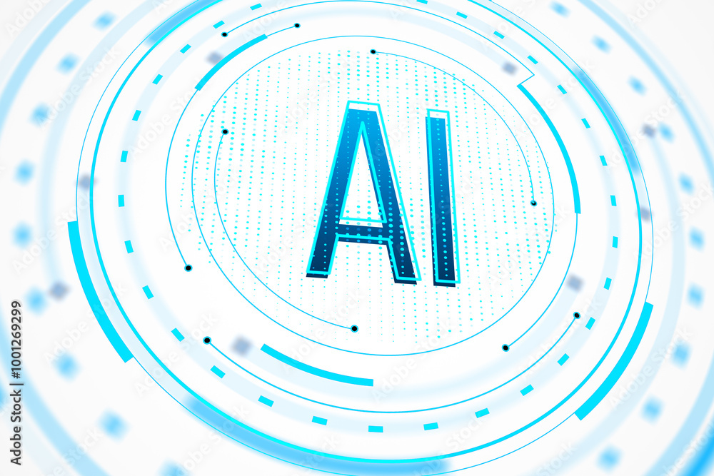 Poster futuristic ai technology interface in blue and white circular design. 3d rendering