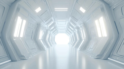 Obraz premium Bright white futuristic corridor with glowing lights.