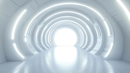 Fototapeta premium Futuristic white tunnel with glowing lights and a bright light at the end.