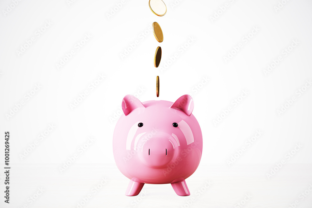 Poster pink piggy bank with falling coins on white background. 3d rendering