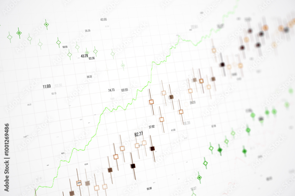 Poster financial graph with green upward trend line and candlestick chart. 3d rendering