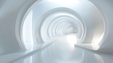 A futuristic, white tunnel with a glowing light at the end.
