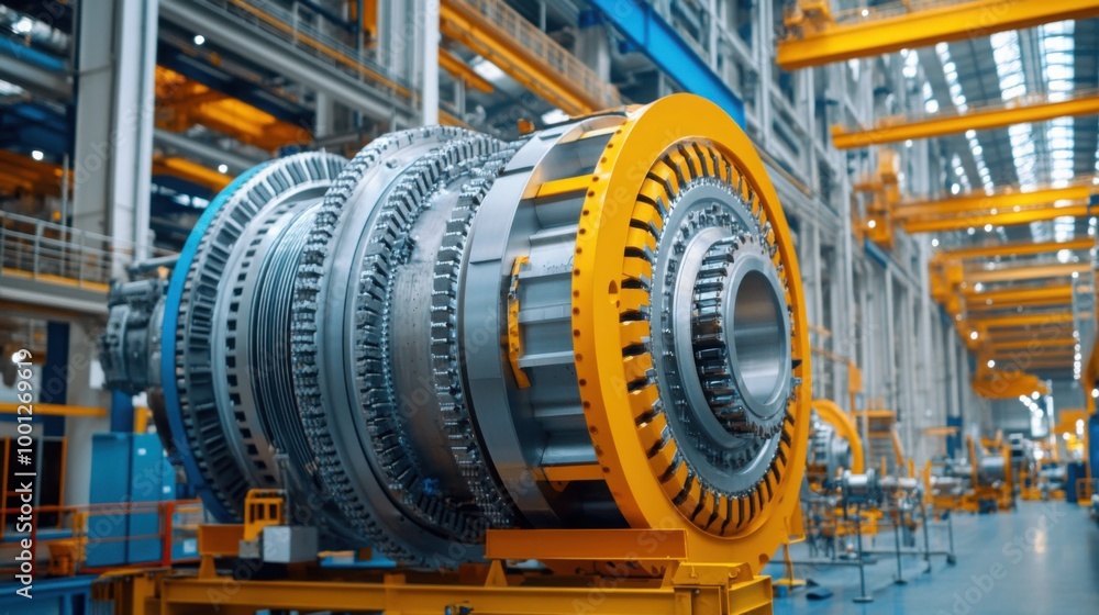 Poster workers assembling wind turbine components in factory