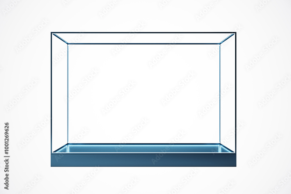 Poster Empty glass showcase with a metallic base on a white background. 3D Rendering