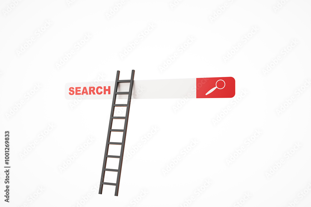Aufkleber ladder leaning on search bar with magnifying glass on white background. 3d rendering