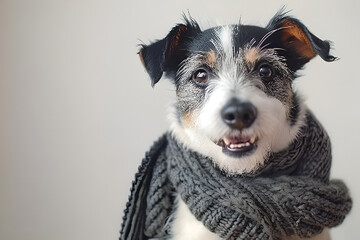 Portrait of a happy dog wearing a cozy sweater, close-up of dog looking at camera in a casual indoor setting, warm and cute photo of dog dressed for colder weather, playful expression