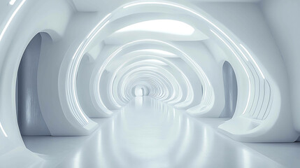 Fototapeta premium Modern futuristic white corridor with glowing arches.
