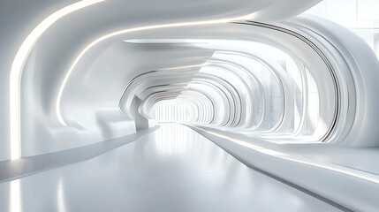 Fototapeta premium Futuristic white corridor with glowing lights and curved walls.