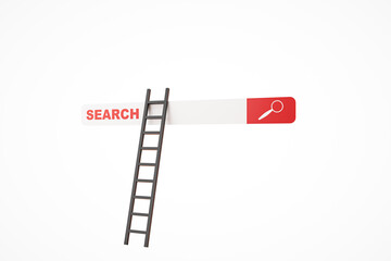 Ladder leaning on search bar with magnifying glass on white background. 3D Rendering