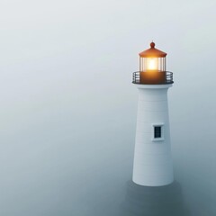 Fog drifting around a lonely lighthouse, beacon shining through the mist, 3D illustration