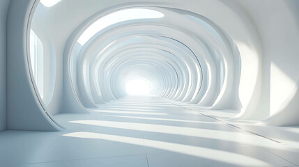 Fototapeta premium Abstract futuristic white corridor with glowing light at the end.