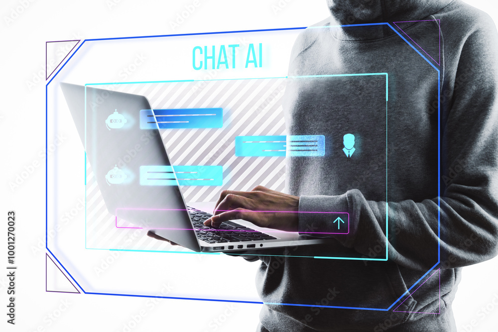 Poster person using laptop with chat ai interface on holographic screen.