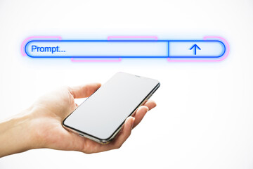 Hand holding smartphone with futuristic search prompt on white background.