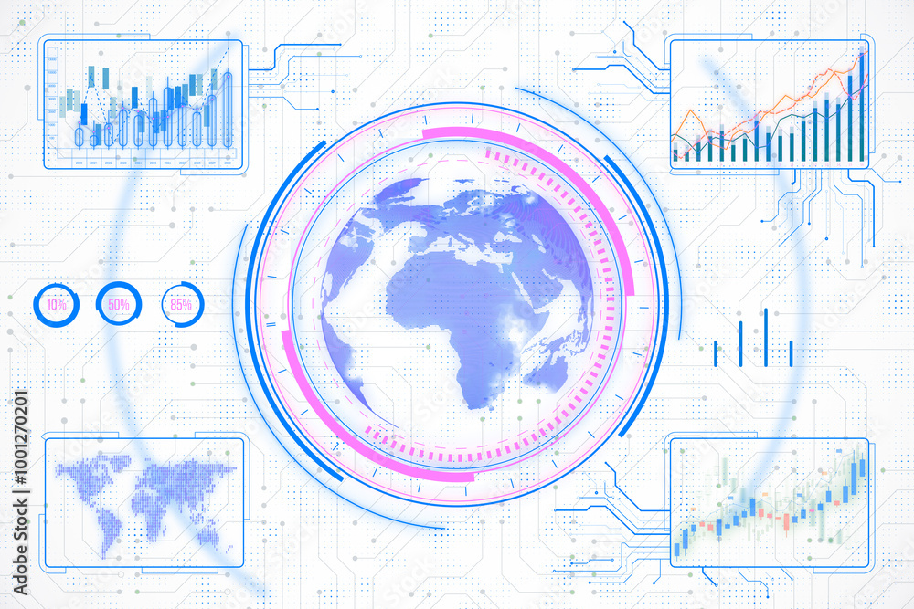 Aufkleber Digital globe with financial data and charts on a futuristic interface. 3D Rendering