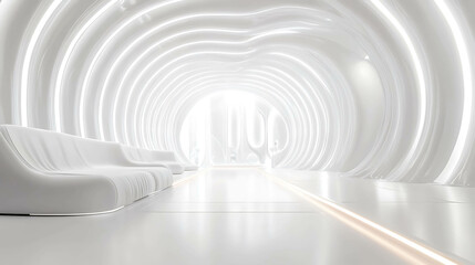 Fototapeta premium Futuristic white tunnel with glowing lines and white couches on the side.