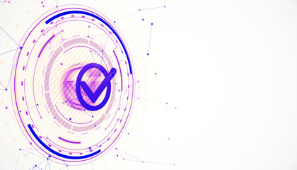 Abstract graphic of a checkmark within a circular digital interface. 3D Rendering