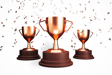 Three bronze trophies with confetti on white background. 3D Rendering
