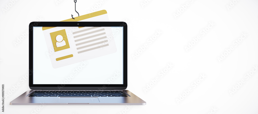 Poster Laptop screen showing a phishing attack with a hook and an ID card. 3D Rendering