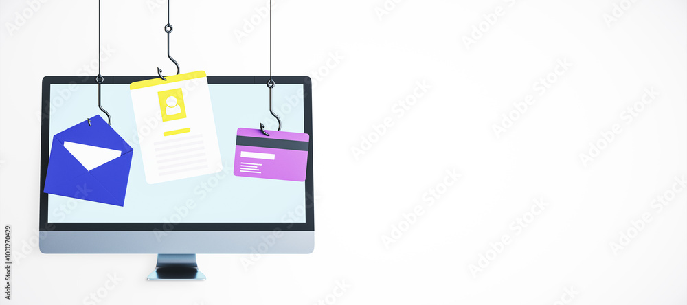 Poster Phishing Attack Concept with Envelopes, ID Card, and Credit Card Hanging from Hooks on Computer Screen. 3D Rendering