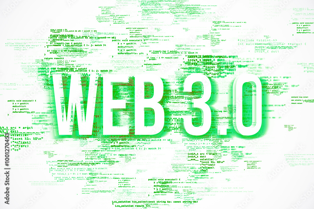 Aufkleber WEB 3.0 text surrounded by green code on a white background. 3D Rendering
