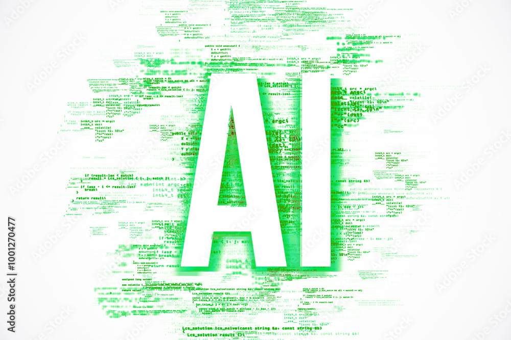Poster AI text with green digital code background. 3D Rendering