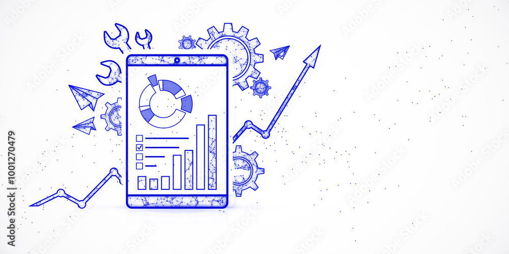 Poster Digital illustration of a tablet displaying analytics data with gears and arrows on white background. 3D Rendering
