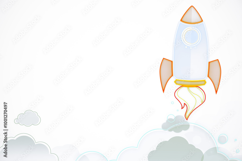 Aufkleber Rocket launching into the sky with clouds in a minimalistic style. 3D Rendering