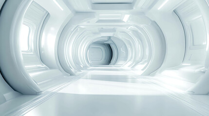 Fototapeta premium A futuristic, white, circular hallway with a bright light shining at the end.
