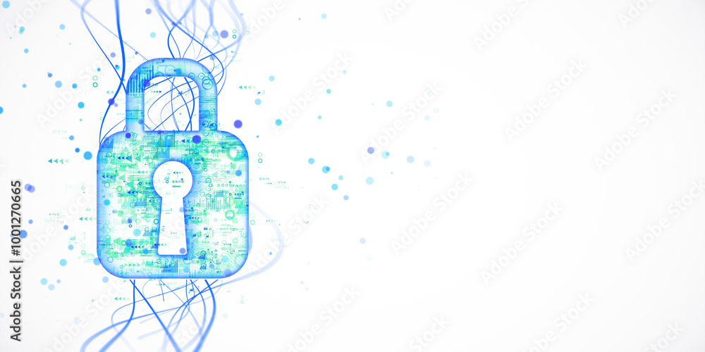 Aufkleber Digital padlock with circuit patterns and blue lines on white background. 3D Rendering