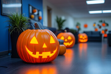 Fototapeta premium Corporate Halloween celebration in an IT office setting, featuring employees in costumes, decorations, and a festive atmosphere. 