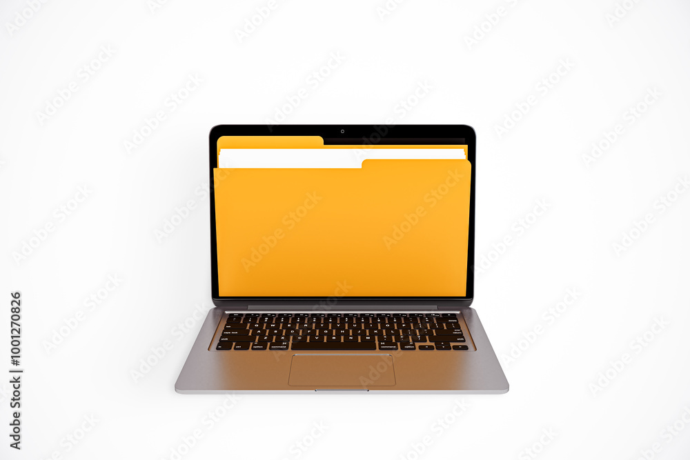 Poster open laptop with yellow folder icon on screen. 3d rendering