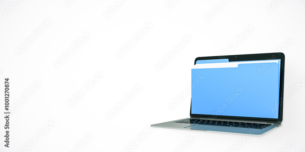 Poster Digital file folder emerging from laptop screen on white background. 3D Rendering