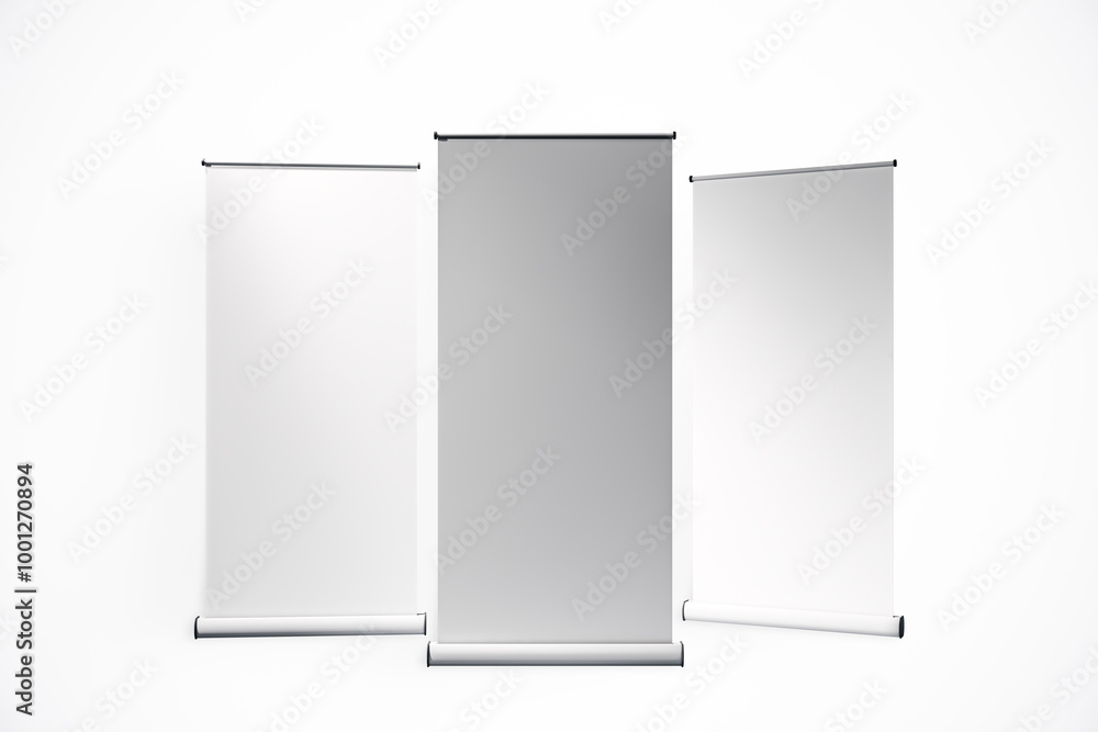 Poster blank retractable banners displayed on a white background. 3d rendering