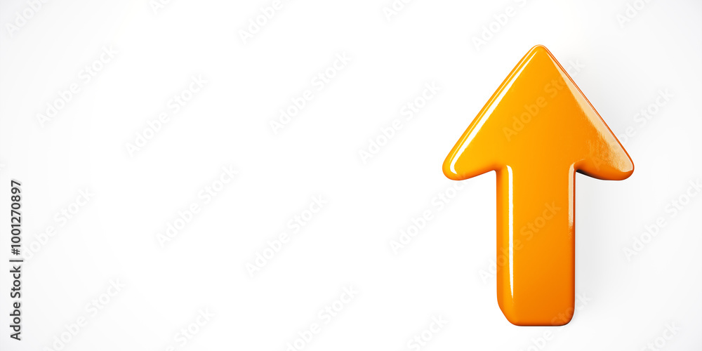 Poster bright orange 3d arrow pointing upwards on white background. 3d rendering