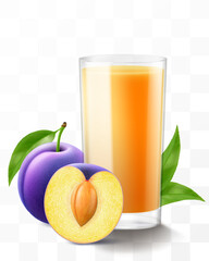 A glass of fresh plum juice or smoothie with purple ripe plum fruits. Cup of cocktail or yogurt with sweet juicy plum fruits, isolated on transparent background. Realistic 3d vector