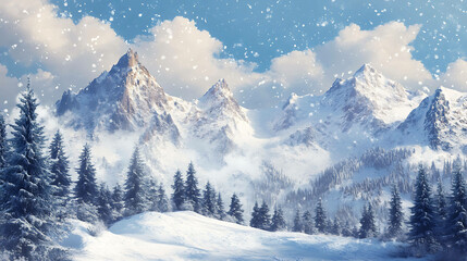 Snowy mountain range with evergreen trees in the foreground and a light snowfall.