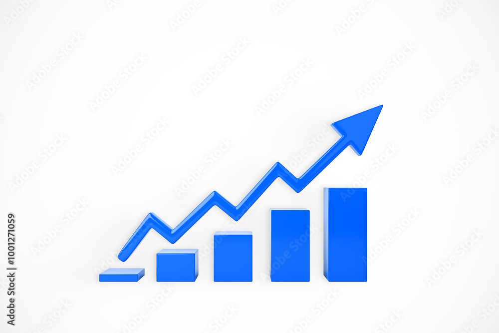 Poster blue 3d bar chart with upward arrow on white background. 3d rendering