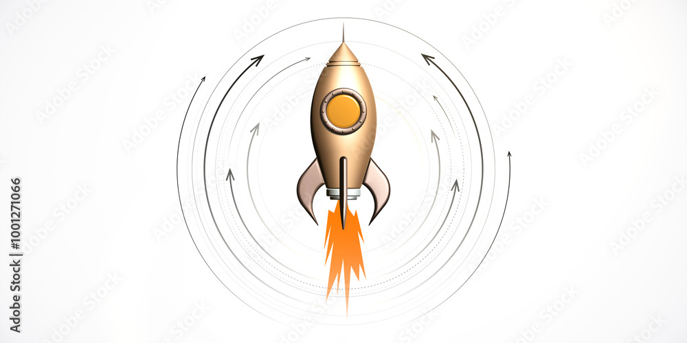 Aufkleber Rocket launching with circular motion trajectory on white background. 3D Rendering