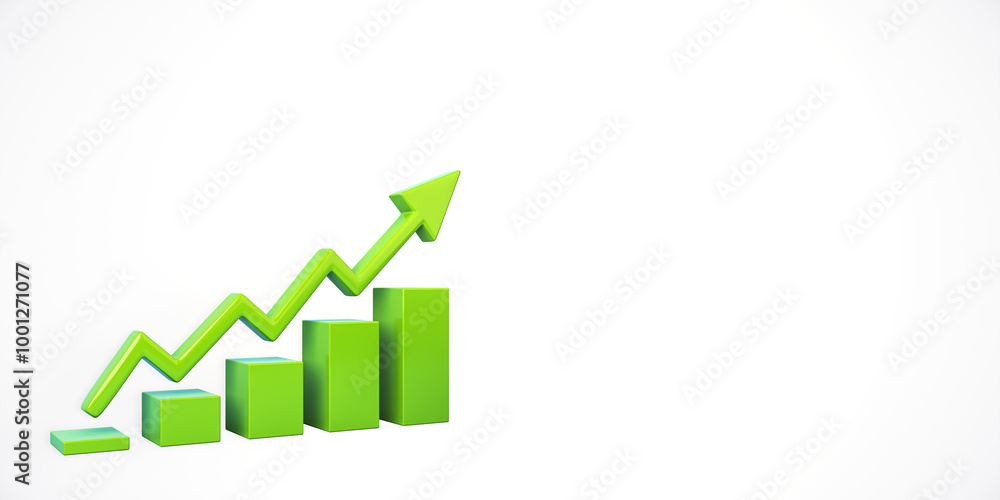 Aufkleber green bar graph with upward arrow on white background. 3d rendering