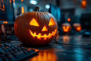 Fototapeta premium Corporate Halloween celebration in an IT office setting, featuring employees in costumes, decorations, and a festive atmosphere. 