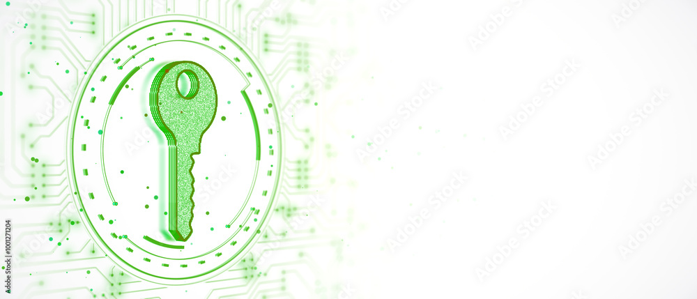 Fototapete green digital key icon with circuit board pattern on white background. 3d rendering